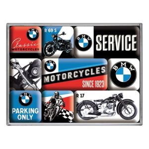 Aimants BMW moto – Set déco vintage magnétique (Motor ou Motorcycles), boîte 9 pièces, idée cadeau garage ou bureau