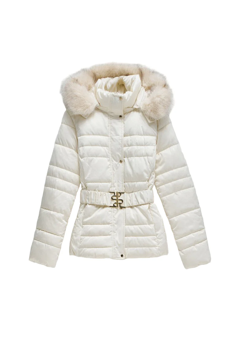 Short Puffer Coat With Fur Hood in Light Beige (Manteau court avec capuche en fourrure) – Image 7
