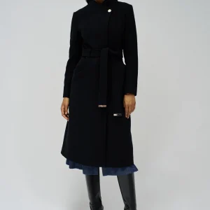 Long Wool Peacoat With Belt en noir