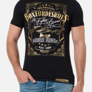 T-shirt imprimé à col rond en noir et or