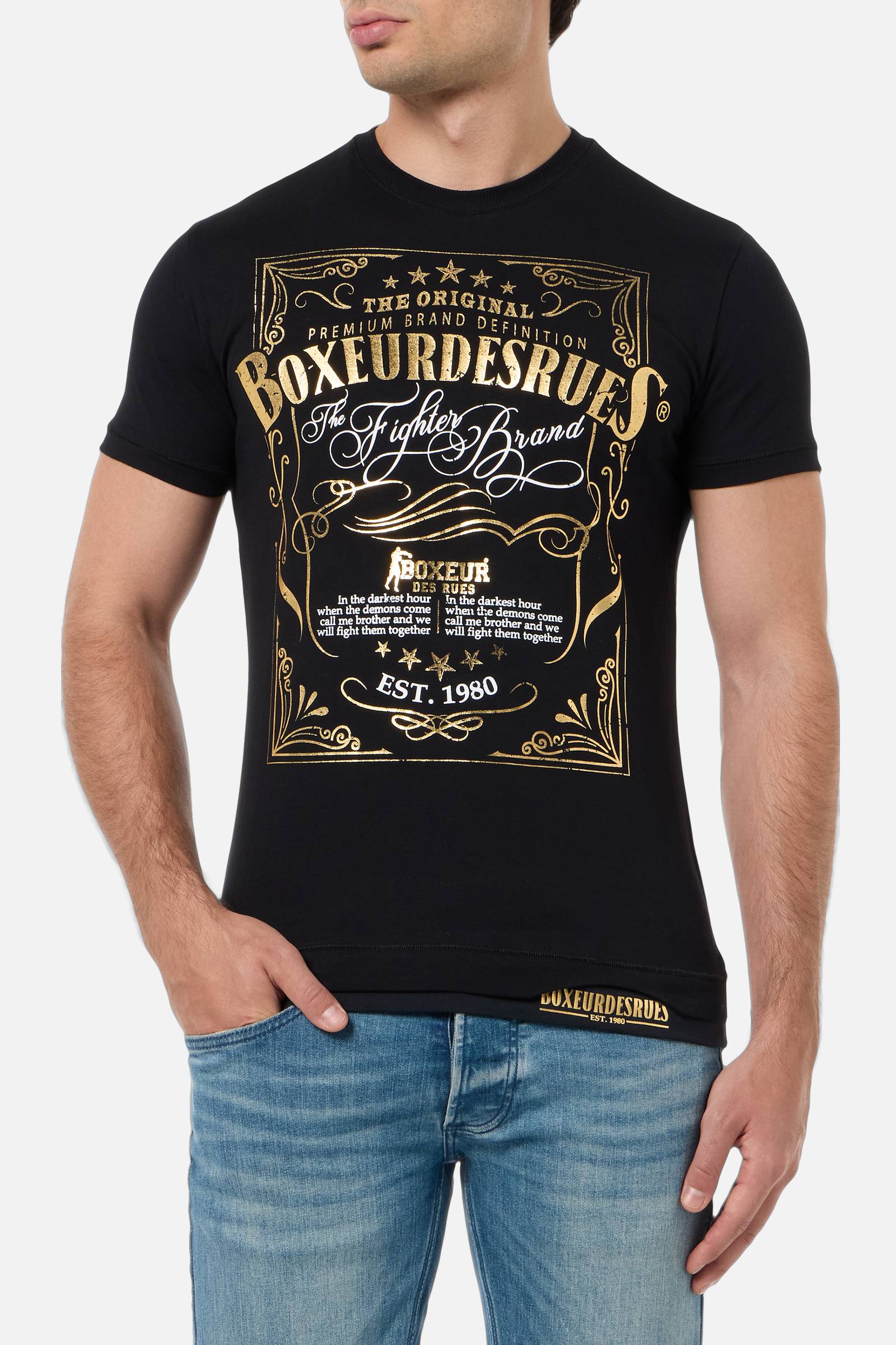 T-shirt imprimé à col rond en noir et or