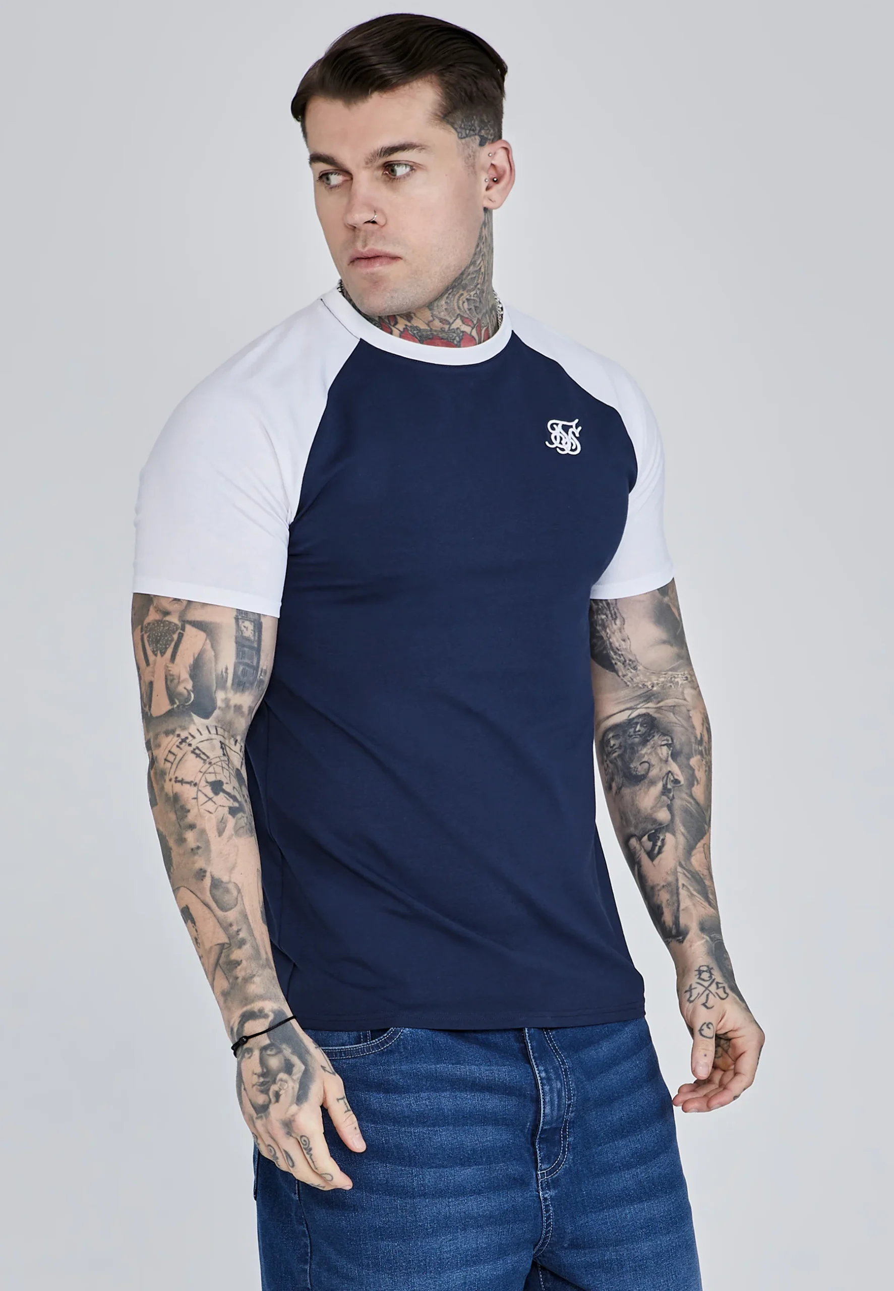 T-shirt raglan en marine, blanc