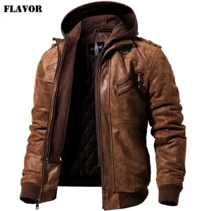 Veste moto cuir homme hiver avec capuche amovible