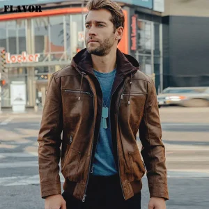 Veste moto cuir homme marron à capuche – Style biker chaud et urbain