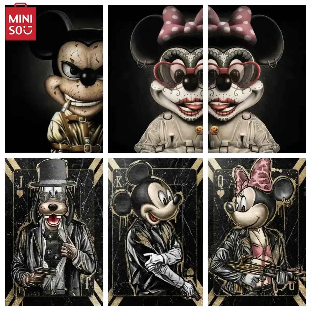 Affiche murale Mickey gangsta tatouage – Fan art non officiel, décoration murale fun street-art, toile imprimée Minnie & Mickey style décalé