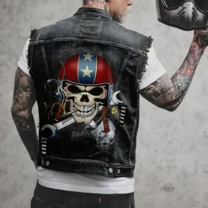 Gilet Biker Homme Pirate – Veste Sans Manches Jean Usé Style Custom Moto Vintage Rock – Look Rebelle pour Motards – Grandes Tailles Jusqu’à 6XL