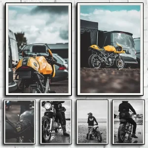 cadre moto déco – Tableau mural sur MDF avec cadre aluminium noir, art moto rétro, déco garage motard, idée cadeau biker