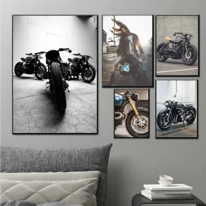 mural moto – Toile décorative rétro sur MDF 5 mm, tableau moto garage, déco murale atelier, idée cadeau motard