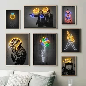 Affiche murale moto néon – peinture sur toile avec cadre bois, art mural lumineux, déco garage motard, option néon réel