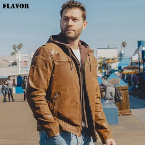 Veste moto cuir homme en cuir de vachette marron et noir avec capuche amovible