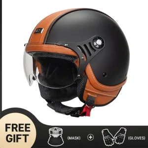 Casque moto rétro DOT noir orange trois quarts – visière intégrée, look vintage custom, idéal café racer & scooter