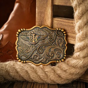 Boucle ceinture western dorée – Motif floral en relief, métal style vintage, s’adapte sur sangle 3,8 cm – Accessoire cowboy ou country