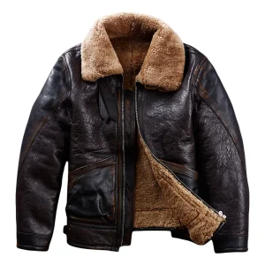 Blouson cuir homme hiver style aviateur vintage en peau de mouton – Marron foncé – Grandes tailles