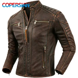 Veste moto cuir homme à col montant – Style rétro biker