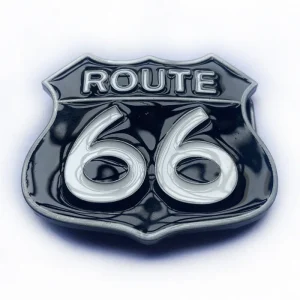 Boucle ceinture Route 66 – Métal émaillé style USA vintage, logo emblématique, à clipser sur sangle 3,8 cm – Accessoire biker ou country