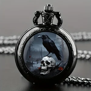 Montre de poche gothique corbeau crâne vintage – collier chaîne noire rétro – idée cadeau motard et passionné de style dark
