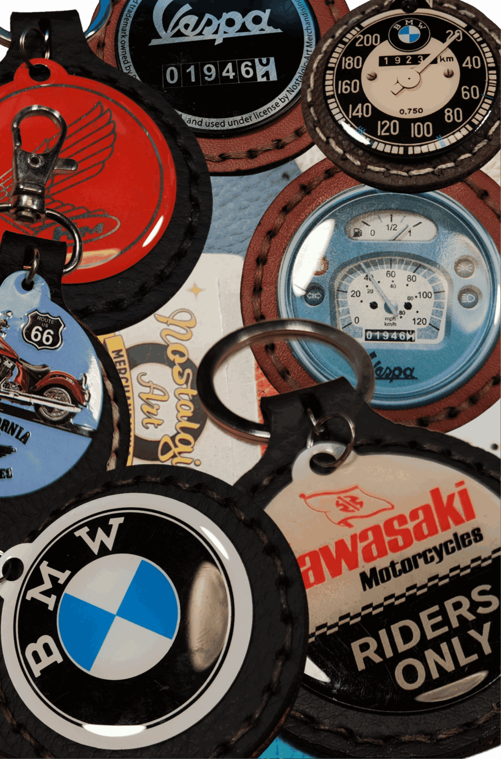 Porte-clés moto en métal sous licence – Vespa, BMW, Triumph, Honda, Indian Route 66, Kawasaki