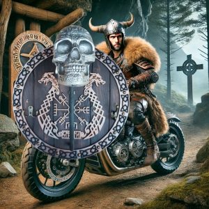 Porte-casque Viking avec crâne en résine métal gravé, support mural bouclier runique, cadeau motard original
