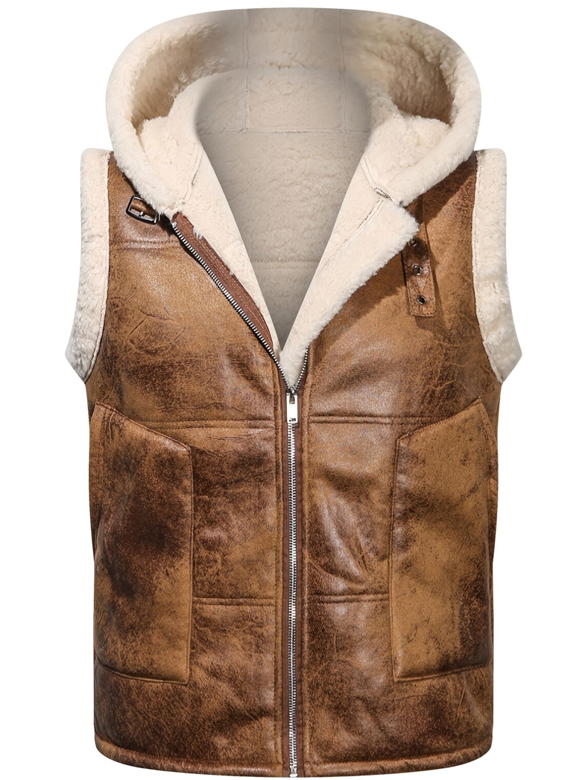 Gilet homme sans manches similicuir capuche doublée polaire – veste hiver décontractée chaude – Image 9