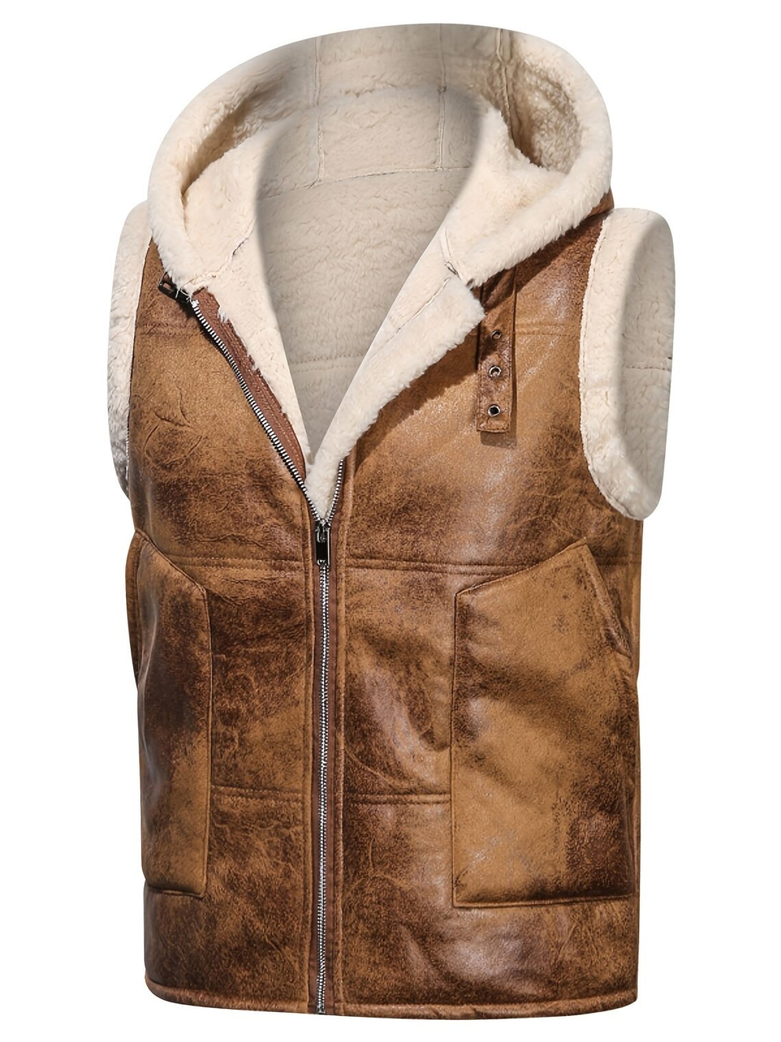 Gilet homme sans manches similicuir capuche doublée polaire – veste hiver décontractée chaude