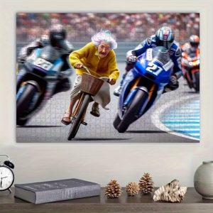 Puzzle Moto Déjanté – 1000 pièces humour motard, déco murale fun, grand-mère en vélo contre les bolides, idée cadeau décalée et moment détente garanti