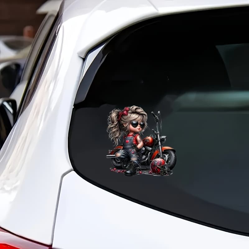 Autocollant fille punk moto – Sticker vinyle cartoon carré 13×13 cm, PVC résistant pour PC, mur, casque, déco motarde originale – Image 7