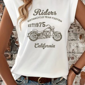 T-shirt moto western femme – Col rond, coupe décontractée, polyester extensible, look cowgirl motarde, imprimé original lavable en machine
