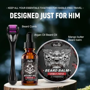 Kit barbe biker avec huile, baume parfum vanille et rouleau facial – Soin hydratant pour homme barbu, coffret cadeau idéal pour motard stylé