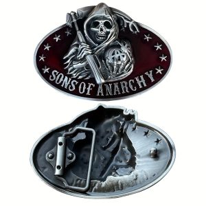 Boucle de ceinture biker SOA – Motif squelette gothique en métal ovale, style punk inspiré Sons of Anarchy, accessoire badass unisexe