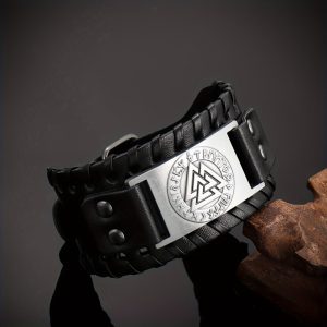 Bracelet Viking en cuir noir avec boucle métal et symbole runique – Style nordique vintage homme, accessoire tribal aussi présent dans notre coffret cadeau Viking