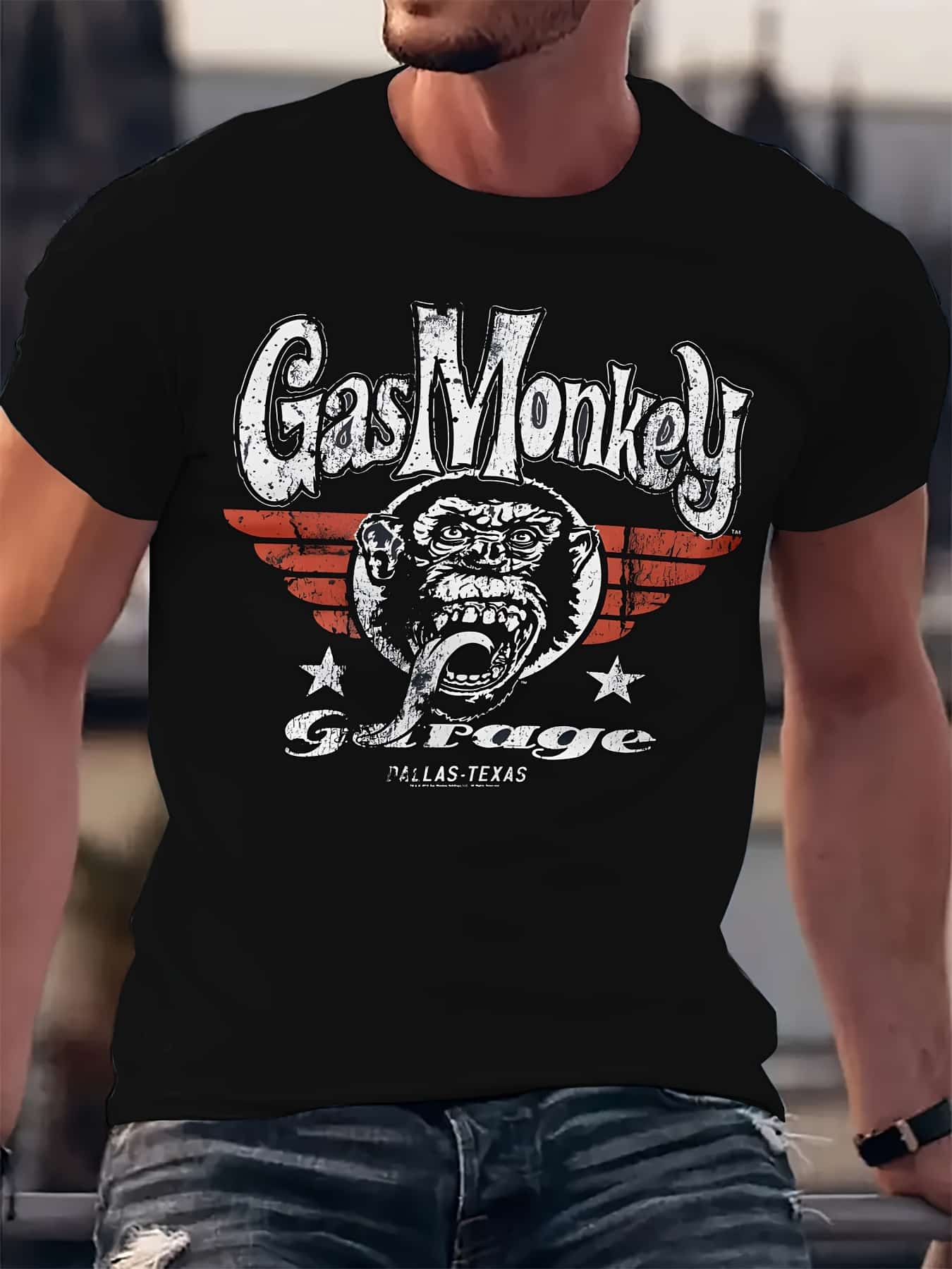 t-shirt motard homme noir Garage – imprimé vintage USA, col rond, coupe droite, 100% polyester doux, manches courtes, style biker décontracté – Image 3