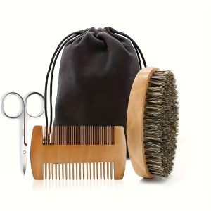 Kit de toilettage barbe homme 3 pièces – Peigne bois, brosse sanglier, ciseaux inox + sac, entretien barbe motard, présent aussi dans un coffret barbu