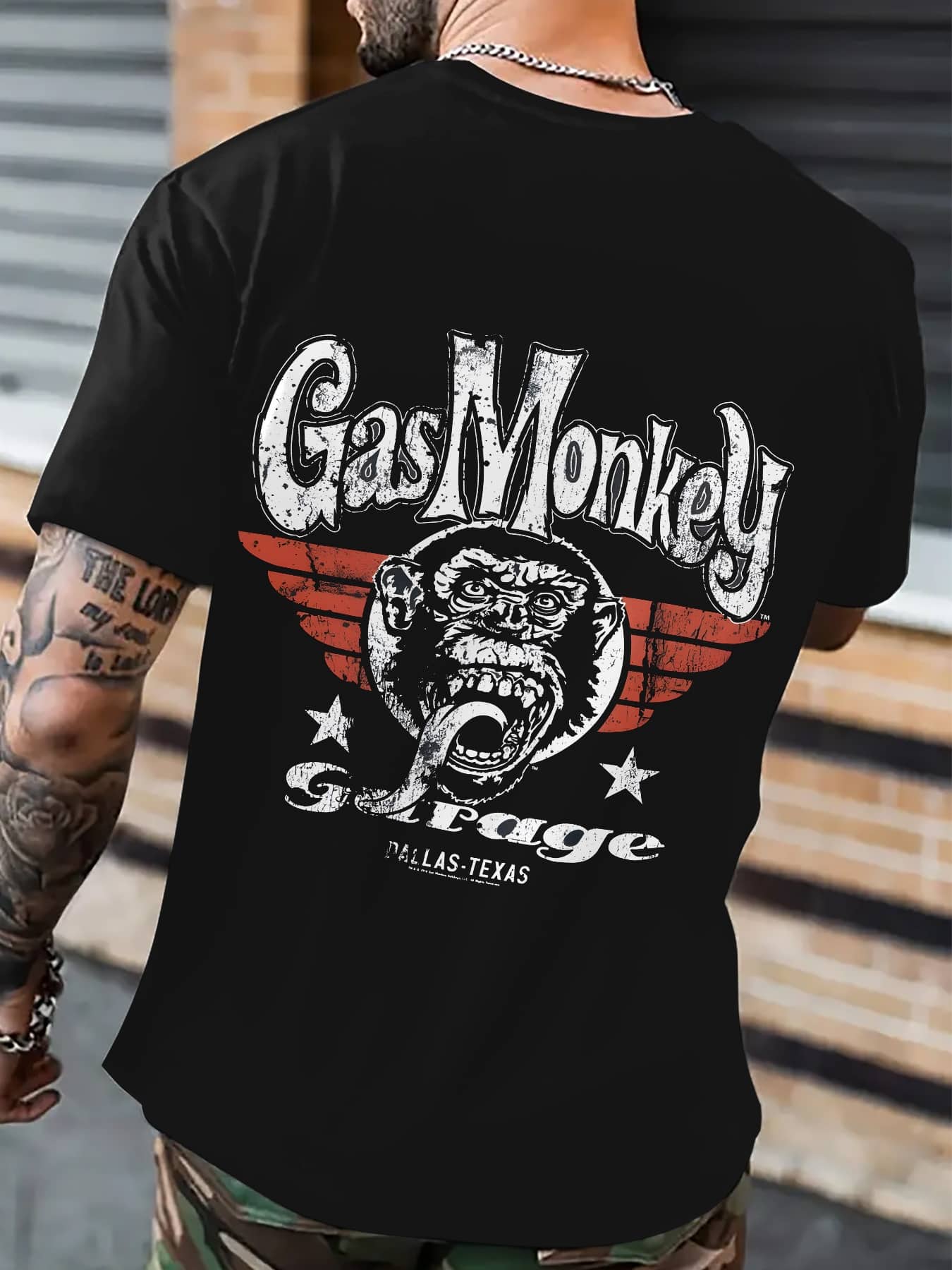 t-shirt motard homme noir Garage – imprimé vintage USA, col rond, coupe droite, 100% polyester doux, manches courtes, style biker décontracté – Image 2