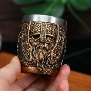 Verre à shot Viking 60 ml – Tête de guerrier en inox sculpté 3D (argent ou cuivre), vendu à l’unité ou par deux, aussi présent dans un coffret cadeau Viking