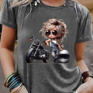 T-shirt femme motarde cartoon – Col rond, coupe décontractée, manches courtes, imprimé fun sur polyester doux, pour un style 100 % biker girl