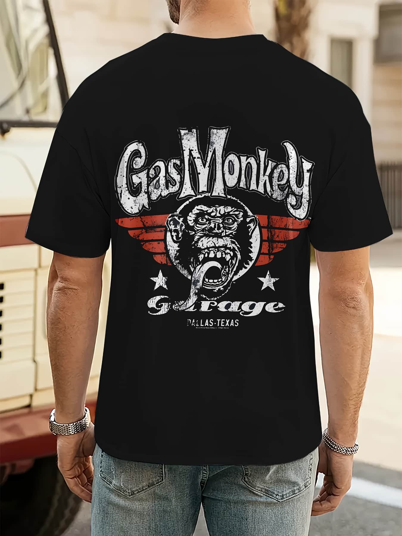 t-shirt motard homme noir Garage – imprimé vintage USA, col rond, coupe droite, 100% polyester doux, manches courtes, style biker décontracté – Image 4