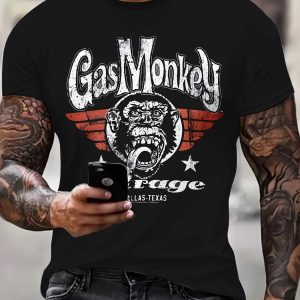 t-shirt motard homme noir Garage – imprimé vintage USA, col rond, coupe droite, 100% polyester doux, manches courtes, style biker décontracté