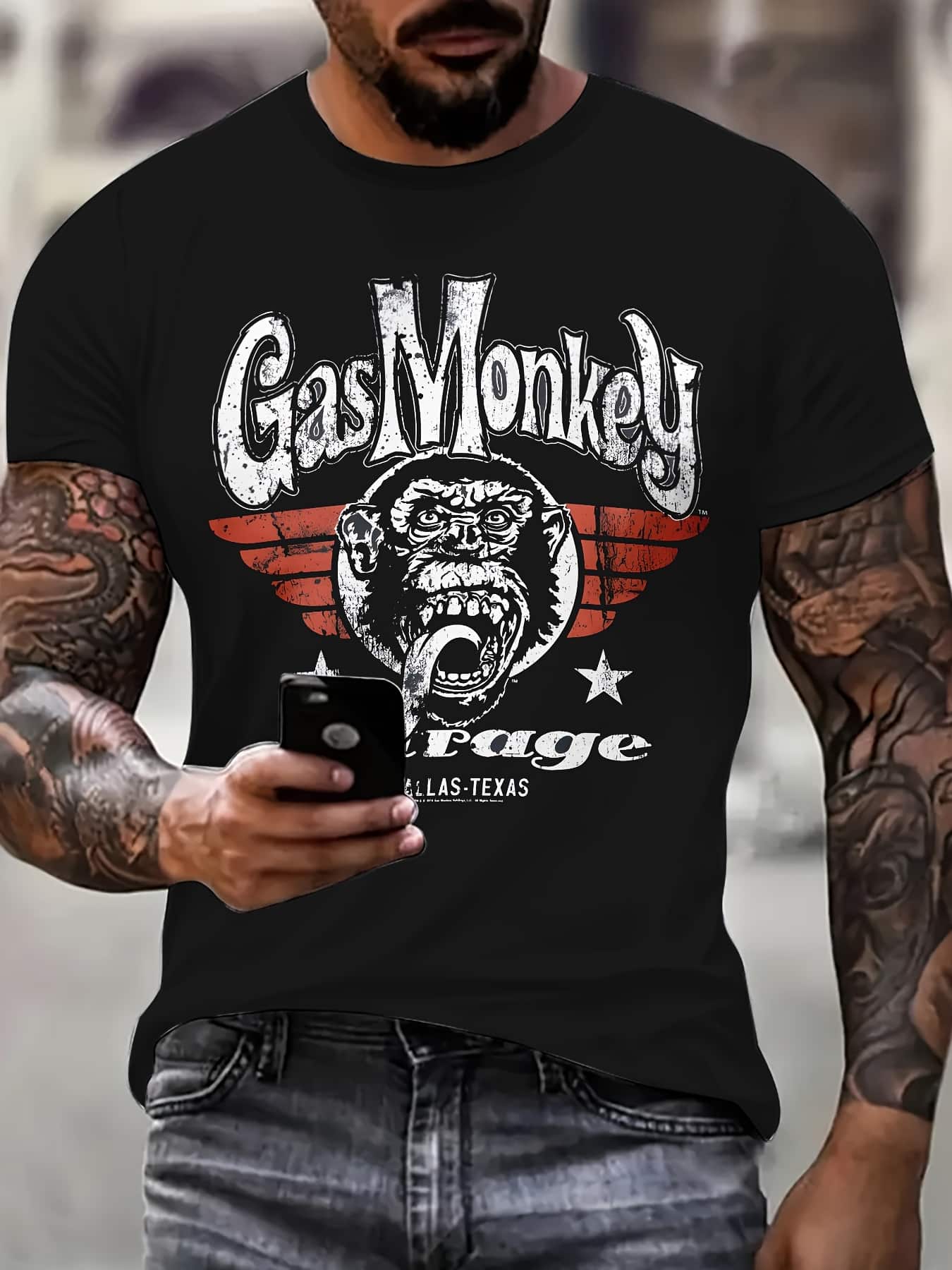 t-shirt motard homme noir Garage – imprimé vintage USA, col rond, coupe droite, 100% polyester doux, manches courtes, style biker décontracté