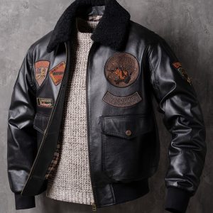 Veste moto vintage homme cuir véritable avec patches – blouson aviateur rétro hiver style biker