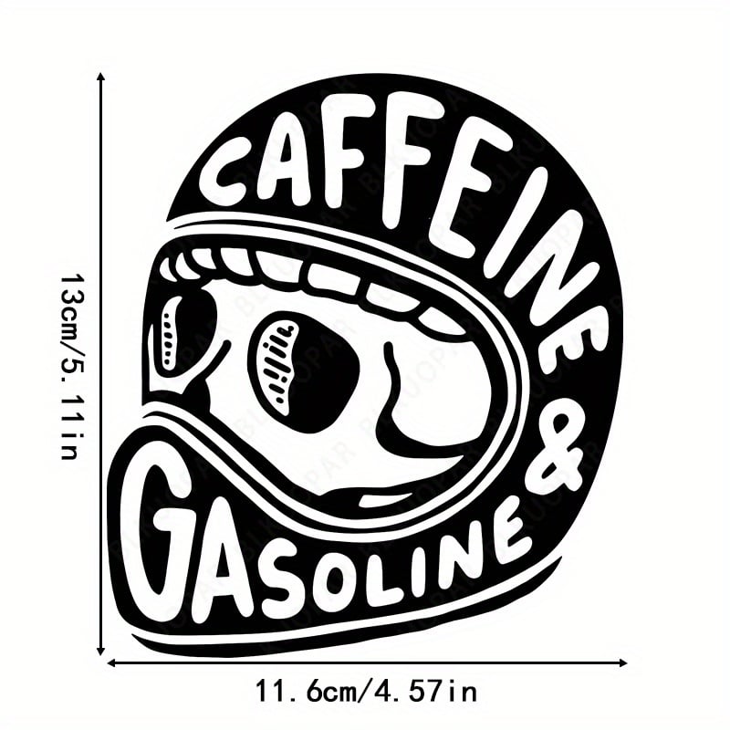 Autocollant casque motard « Caffeine & Gasoline », vinyle rond 13 cm étanche et résistant, design crâne biker, personnalisation casque ou voiture – Image 4