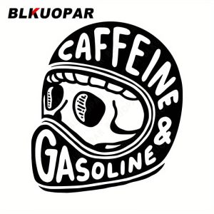 Autocollant casque motard « Caffeine & Gasoline », vinyle rond 13 cm étanche et résistant, design crâne biker, personnalisation casque ou voiture