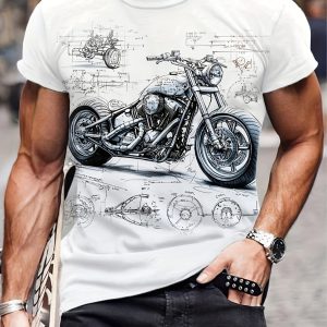 T-shirt moto 3D homme blanc imprimé biker – manches courtes grandes tailles 3XL à 7XL